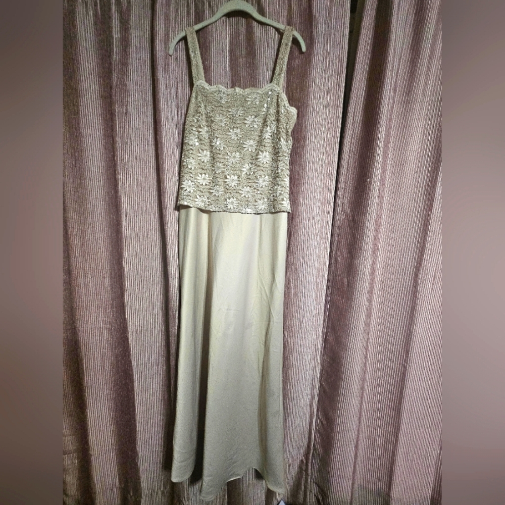 Alex Evenings Champagne Floral Bodice Satin Gown, Size 14
